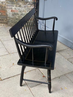 American Colonial L. Hitchcock Solid Maple Black Harvest Deacons Bench, C. 1950s
