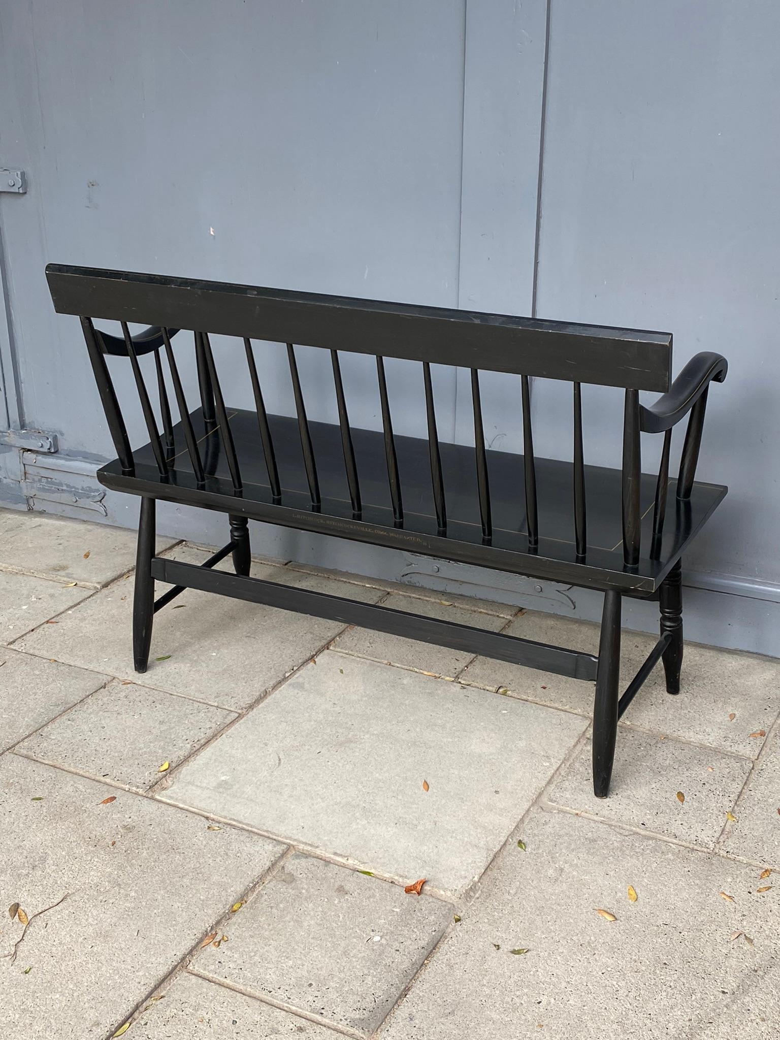 American Colonial L. Hitchcock Solid Maple Black Harvest Deacons Bench, C. 1950s 11