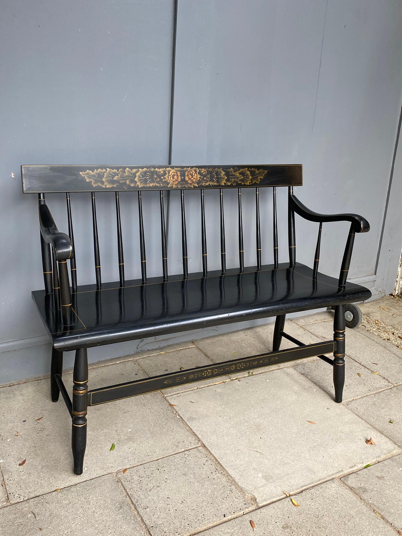 Lacquered American Colonial L. Hitchcock Solid Maple Black Harvest Deacons Bench, C. 1950s