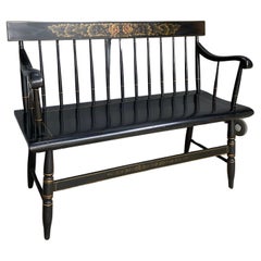 American Colonial L. Hitchcock Solid Maple Black Harvest Deacons Bench, C. 1950s