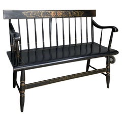 Used American Colonial L. Hitchcock Solid Maple Black Harvest Deacons Bench, C. 1950s