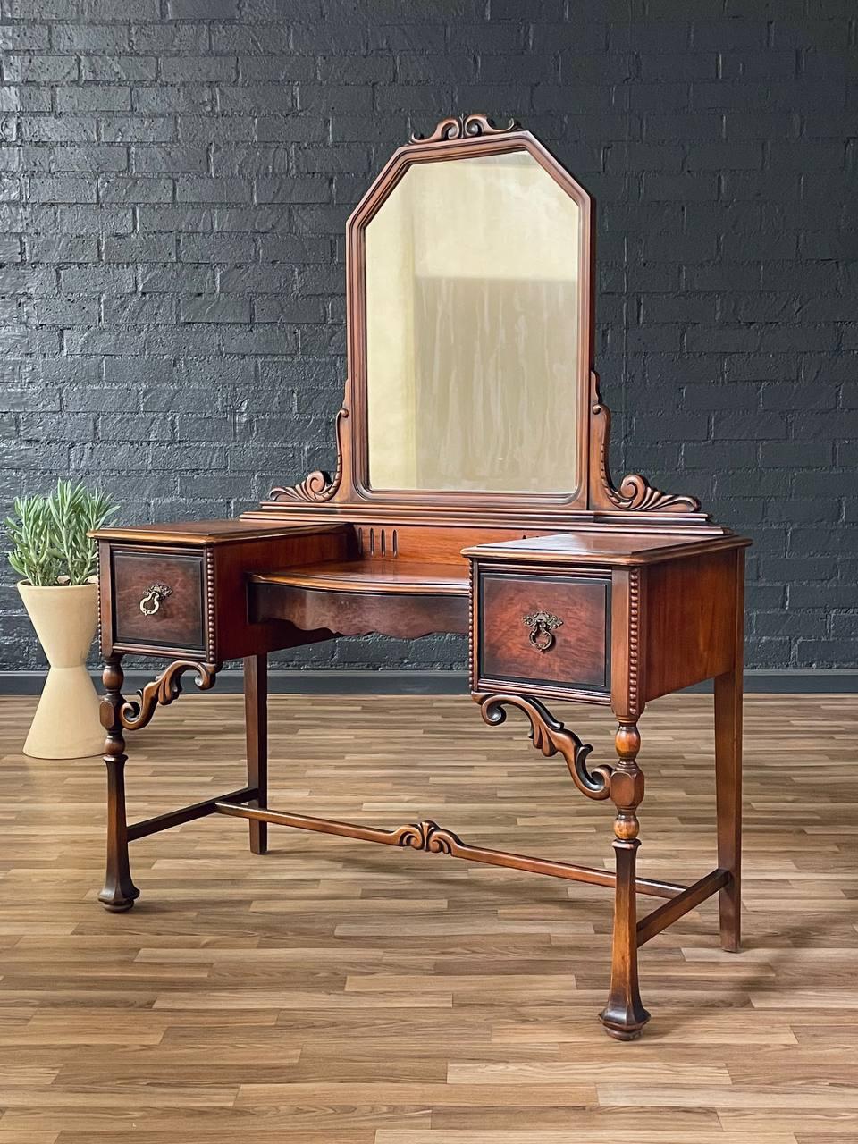 Designer: Karpen Furniture
Manufacturer: Karpen Furniture
Materials: Mahogany, Brass Pulls

Dimensions: 
61.50”H x 47”W x 20”D
Table Height 30.50