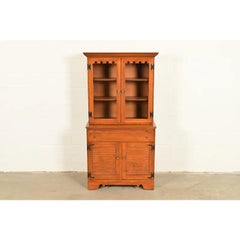 American Colonial Maple Breakfront Bookcase Cabinet, Circa 1960s