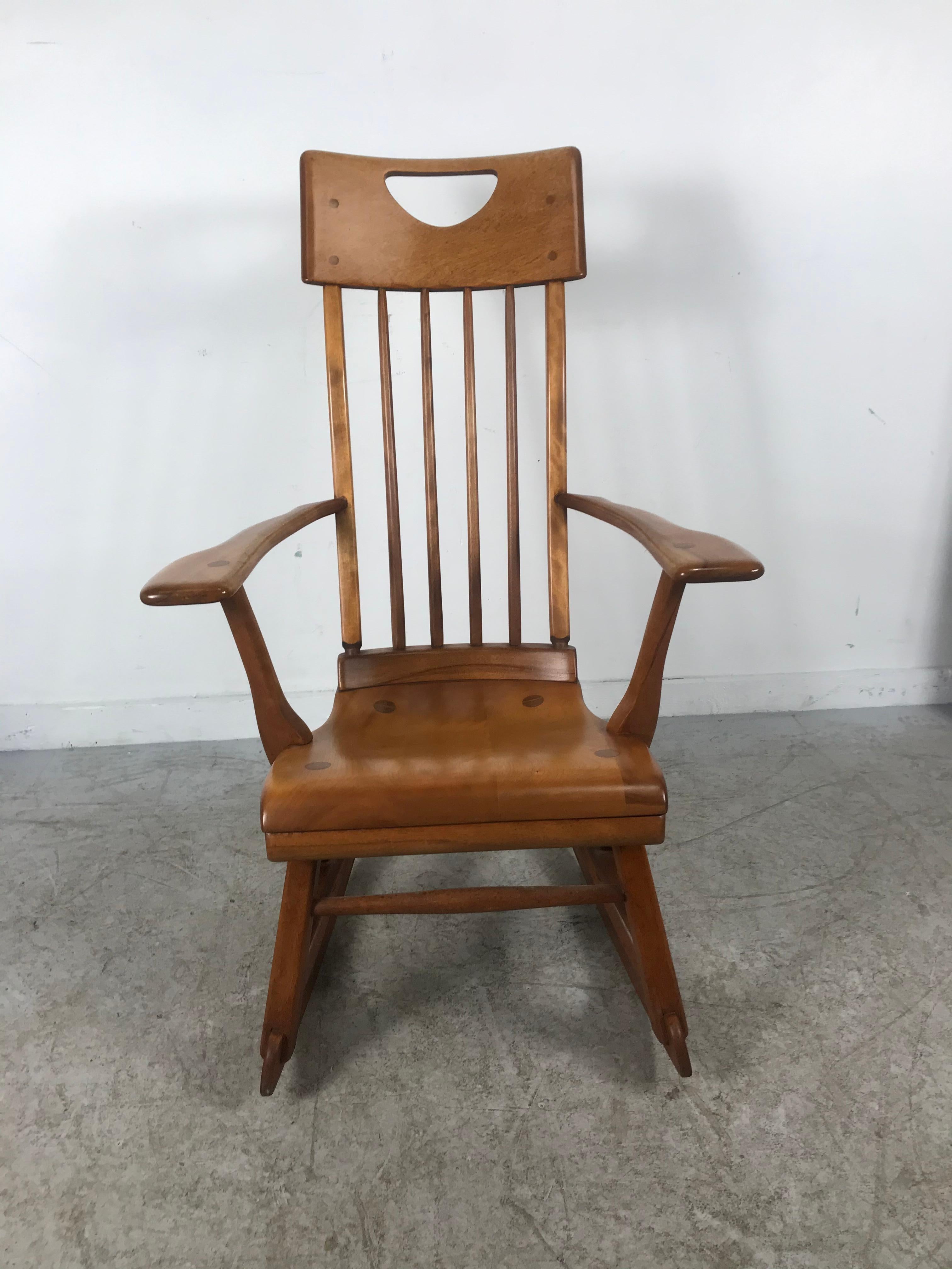 American Colonial Modernist Solid Maple Rocking Chair, Attrib Sikes Chair Co 4