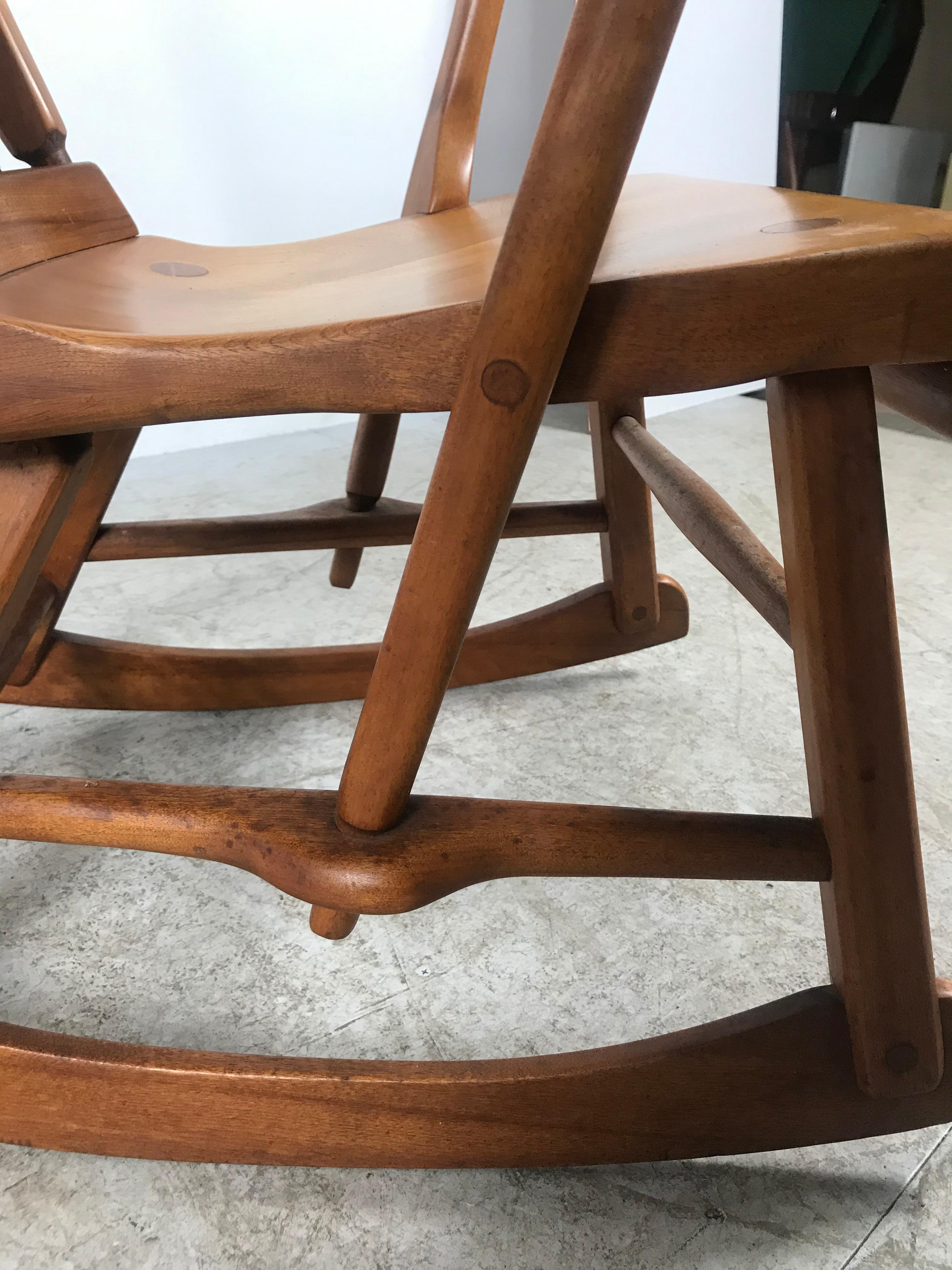 American Colonial modernist solid maple rocker attributed to Sikes Chair co... Superior quality and construction, retains original patina, amazing mortise and Tenon construction, joinery, extremely comfortable. Measure: Arm height 24