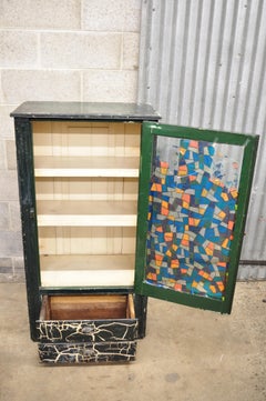 American Colonial Primitive Rustic Green Distress Paint Kitchen Cabinet Cupboard