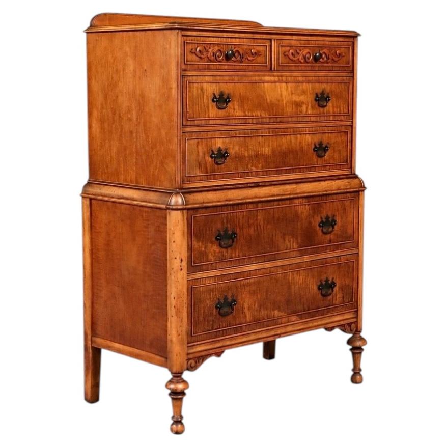 American Colonial Revival Tiger Maple Highboy Dresser by Marvel Furniture Co