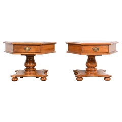 American Colonial Solid Birch Pedestal Side Tables, Pair