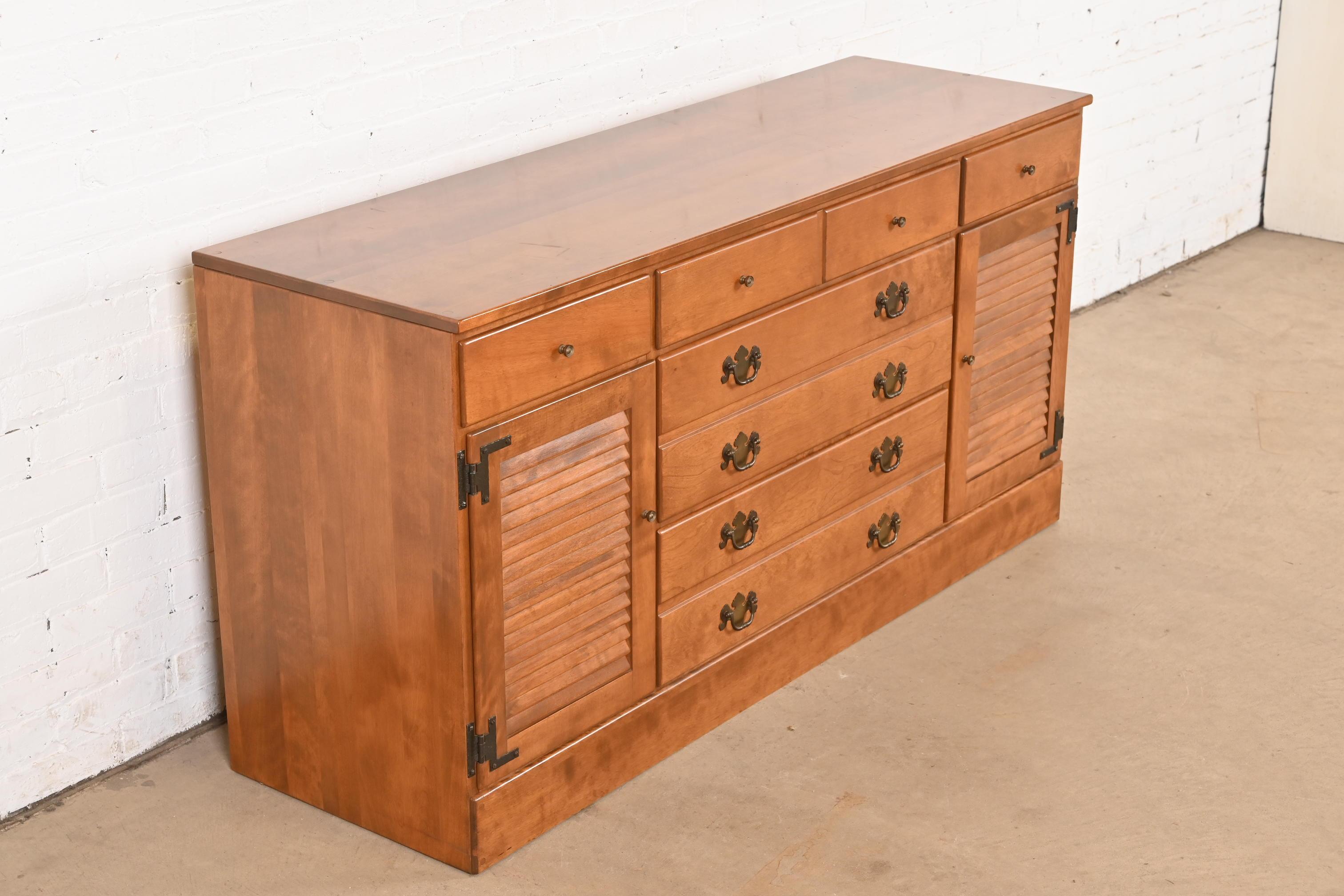 Brass American Colonial Solid Maple Eleven-Drawer Dresser or Credenza, 1970s For Sale