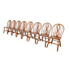 American Colonial Solid Oak Dining Chairs, Set of Eight