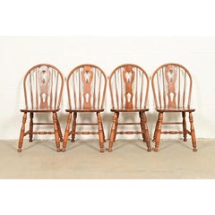 American Colonial Solid Oak Spindle Back Windsor Dining Chairs, Set of Four