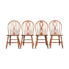American Colonial Solid Oak Spindle Back Windsor Dining Chairs, Set of Four
