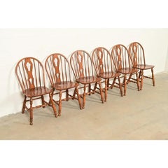 American Colonial Solid Oak Spindle Back Windsor Dining Chairs, Set of Six