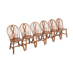 American Colonial Solid Oak Spindle Back Windsor Dining Chairs, Set of Six