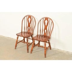 American Colonial Solid Oak Windsor Side Chairs or Dining Chairs, Pair