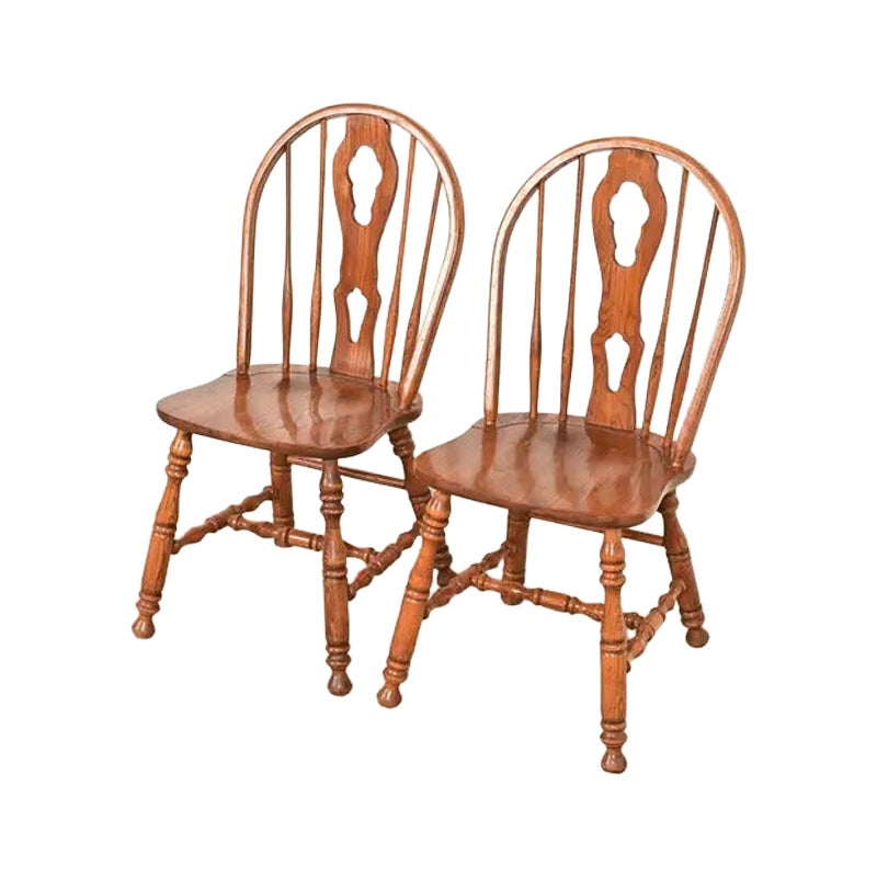 American Colonial Solid Oak Windsor Side Chairs or Dining Chairs, Pair For Sale