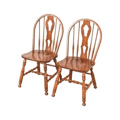 American Colonial Solid Oak Windsor Side Chairs or Dining Chairs, Pair