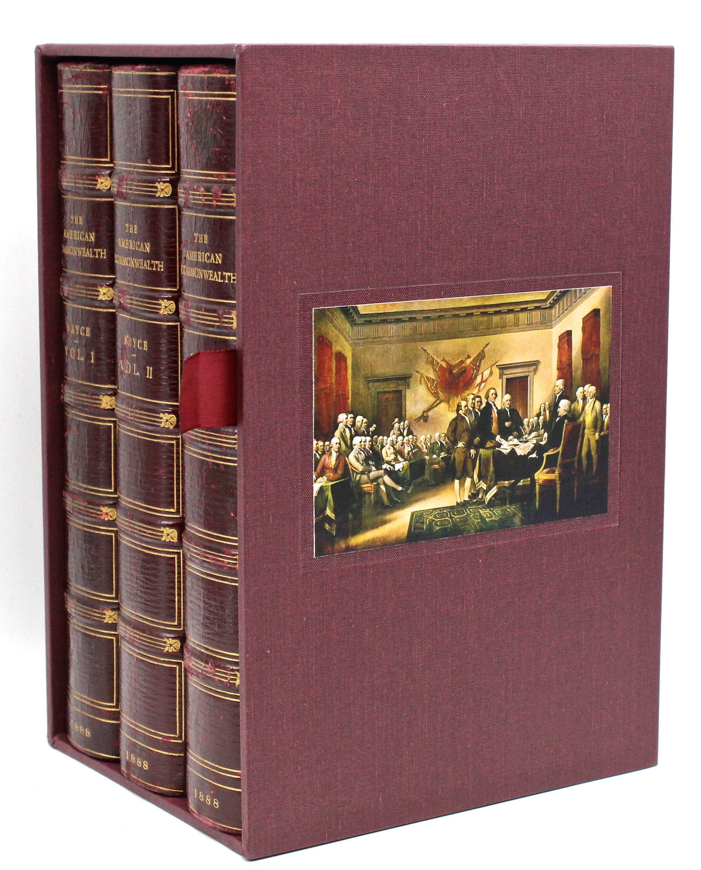 Bryce, James. The American Commonwealth. London: Macmillian and Co., 1888. First edition three volume set. Three-quarter morocco leather boards with deckled edges. Presented in custom matching slipcase.

This first edition, three volume set of The