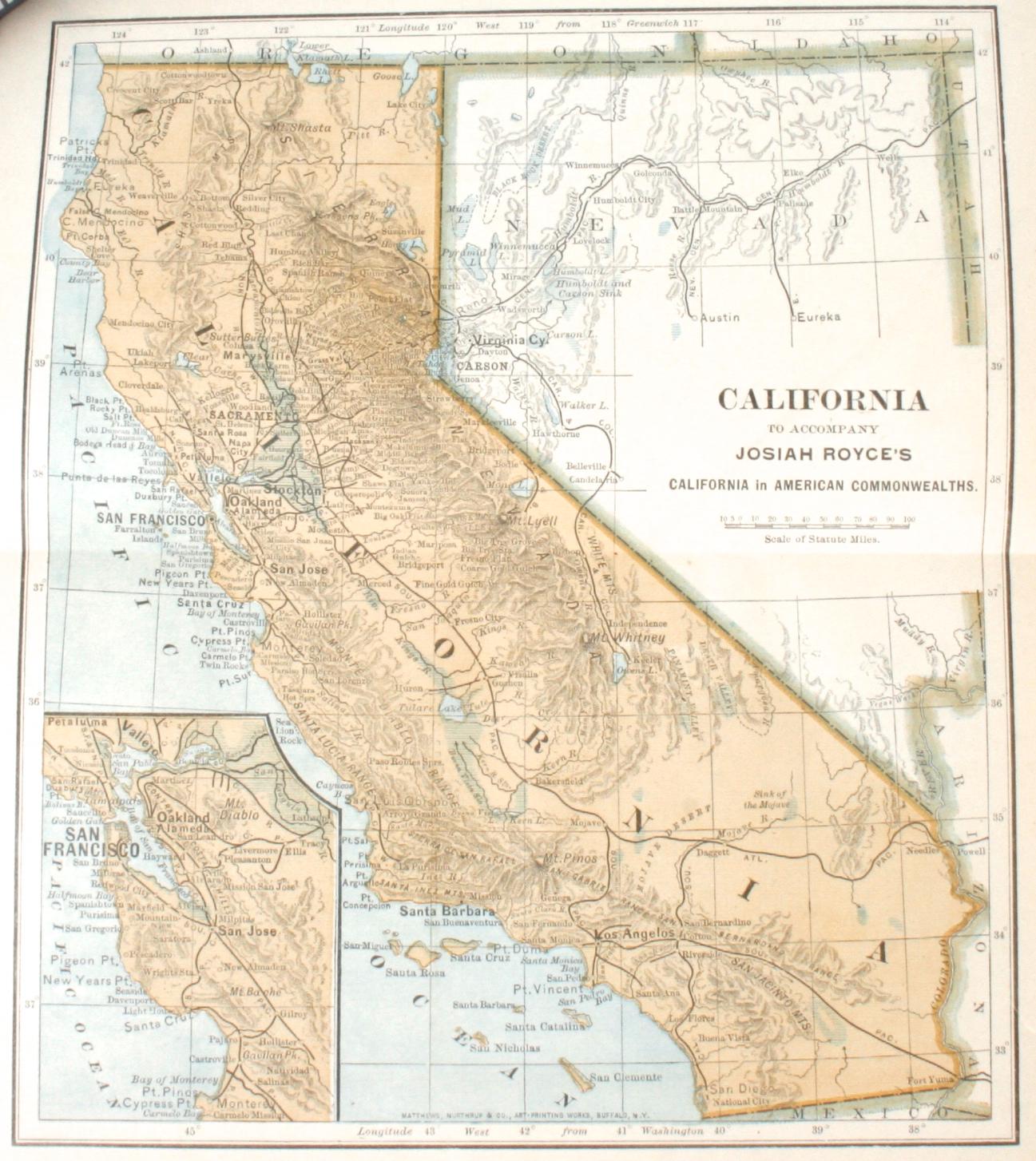 California, a study in American Character by Josiah Royce. Boston: Houghton, Mifflin and Company, 1892. Moroccan and marbleized paper bound hardcover. 513 pp. Pages are uncut. An antique history book on the state of California, one in a series on