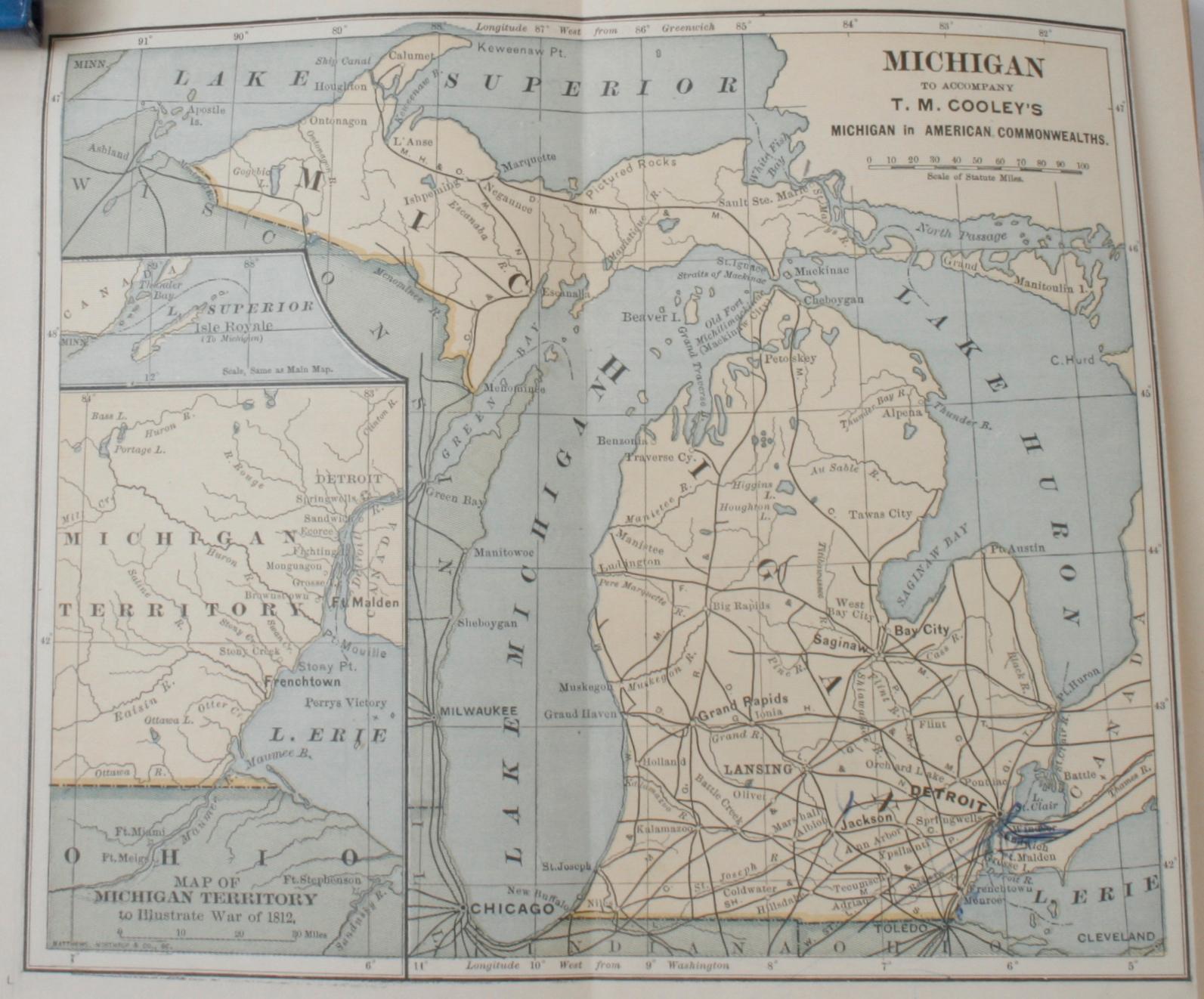Michigan, a History of Governments by Thomas McIntyre Cooley. Boston: Houghton, Mifflin and Company, 1892. Moroccan and marbleized paper bound hardcover. 376 pp. An antique history book on the state of Michigan, one in a series on American