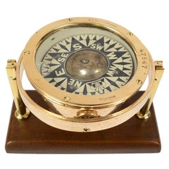 Antique American Compass Early 1900s, Brass on Wooden Base