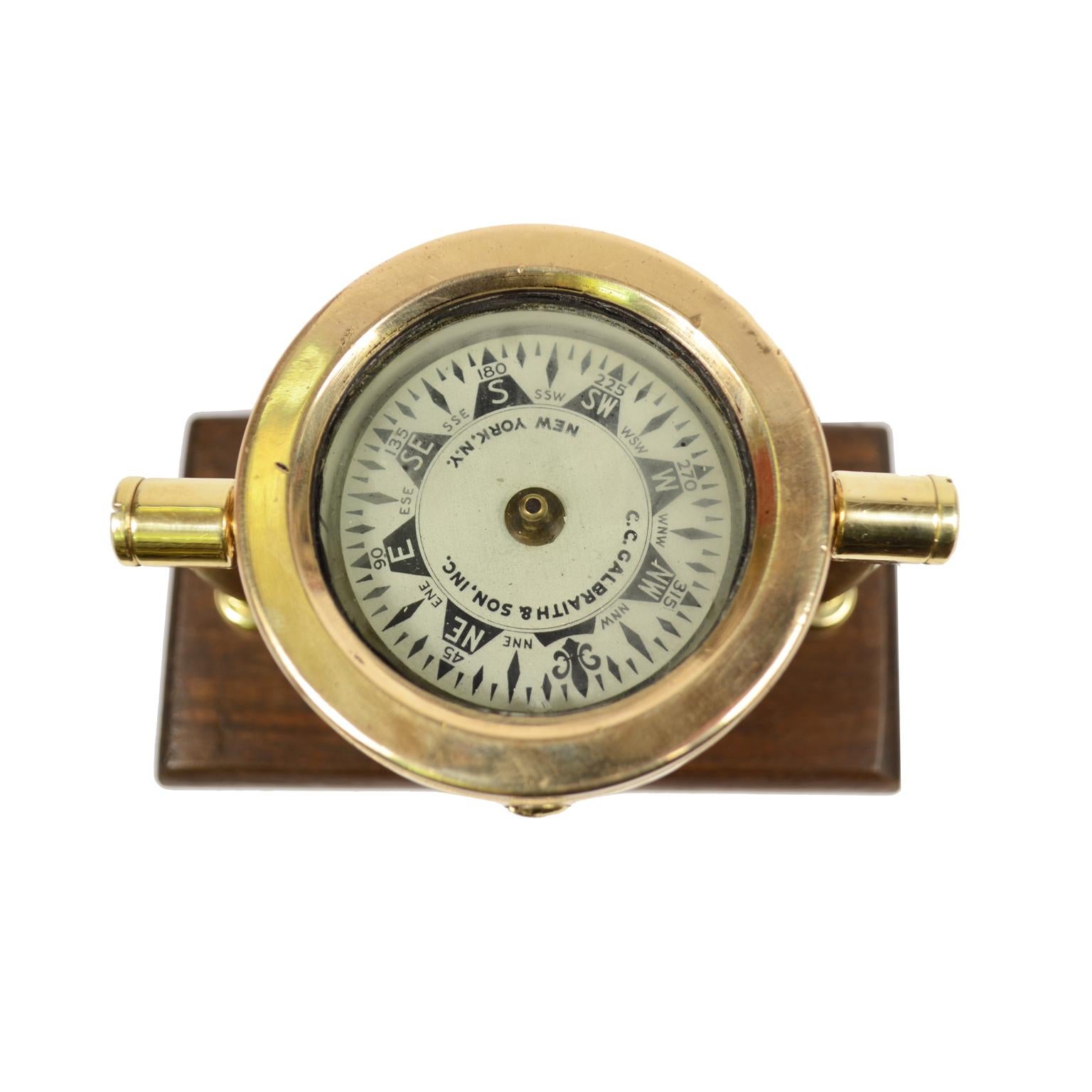 20th Century American Compass from the Early 1900s Made of Brass Mounted on a Walnut Board