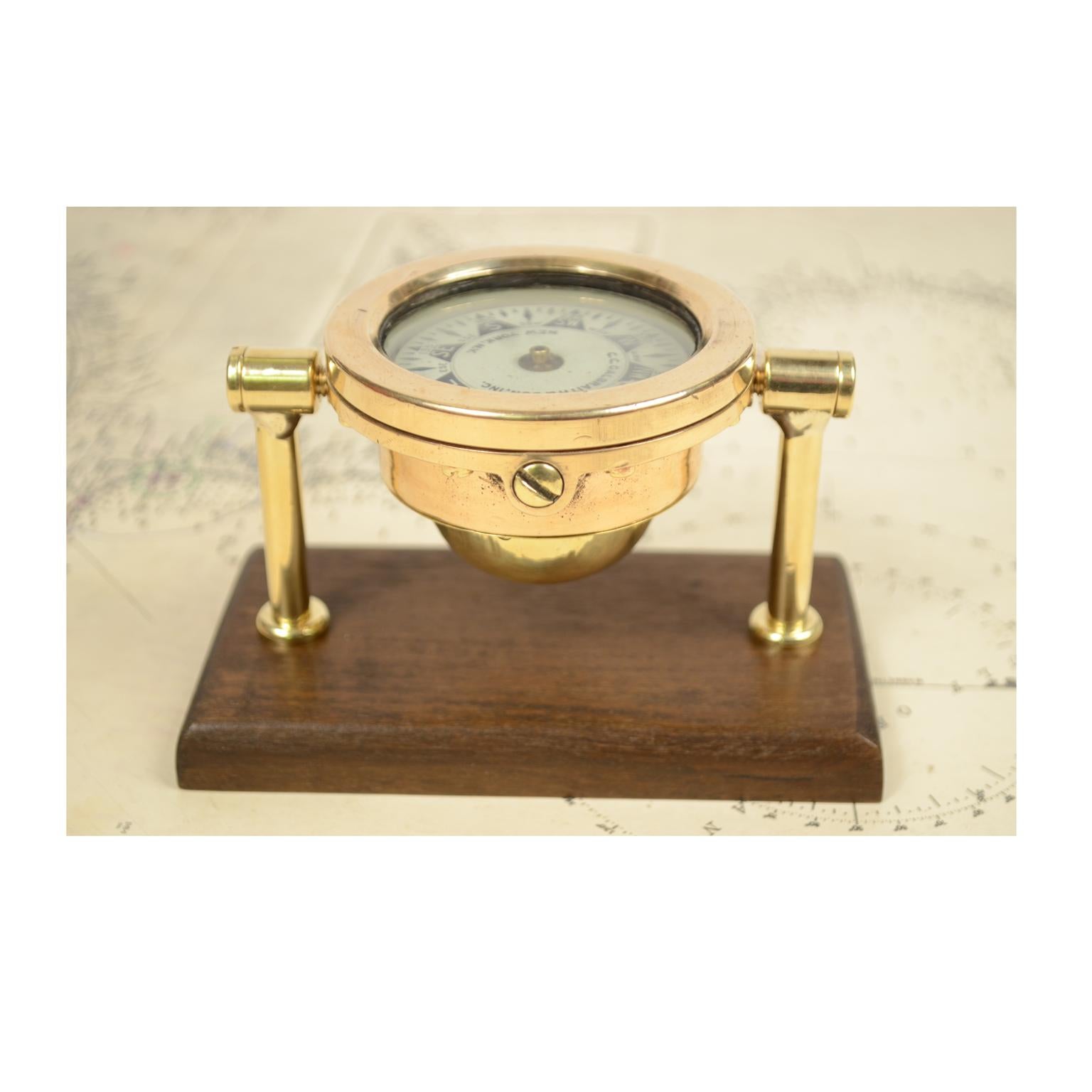 American Compass from the Early 1900s Made of Brass Mounted on a Walnut Board 3
