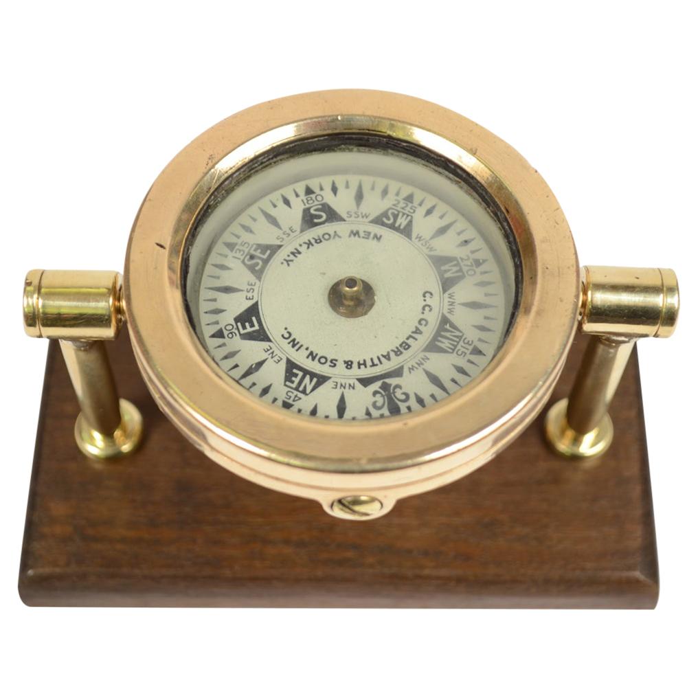 American Compass from the Early 1900s Made of Brass Mounted on a Walnut Board