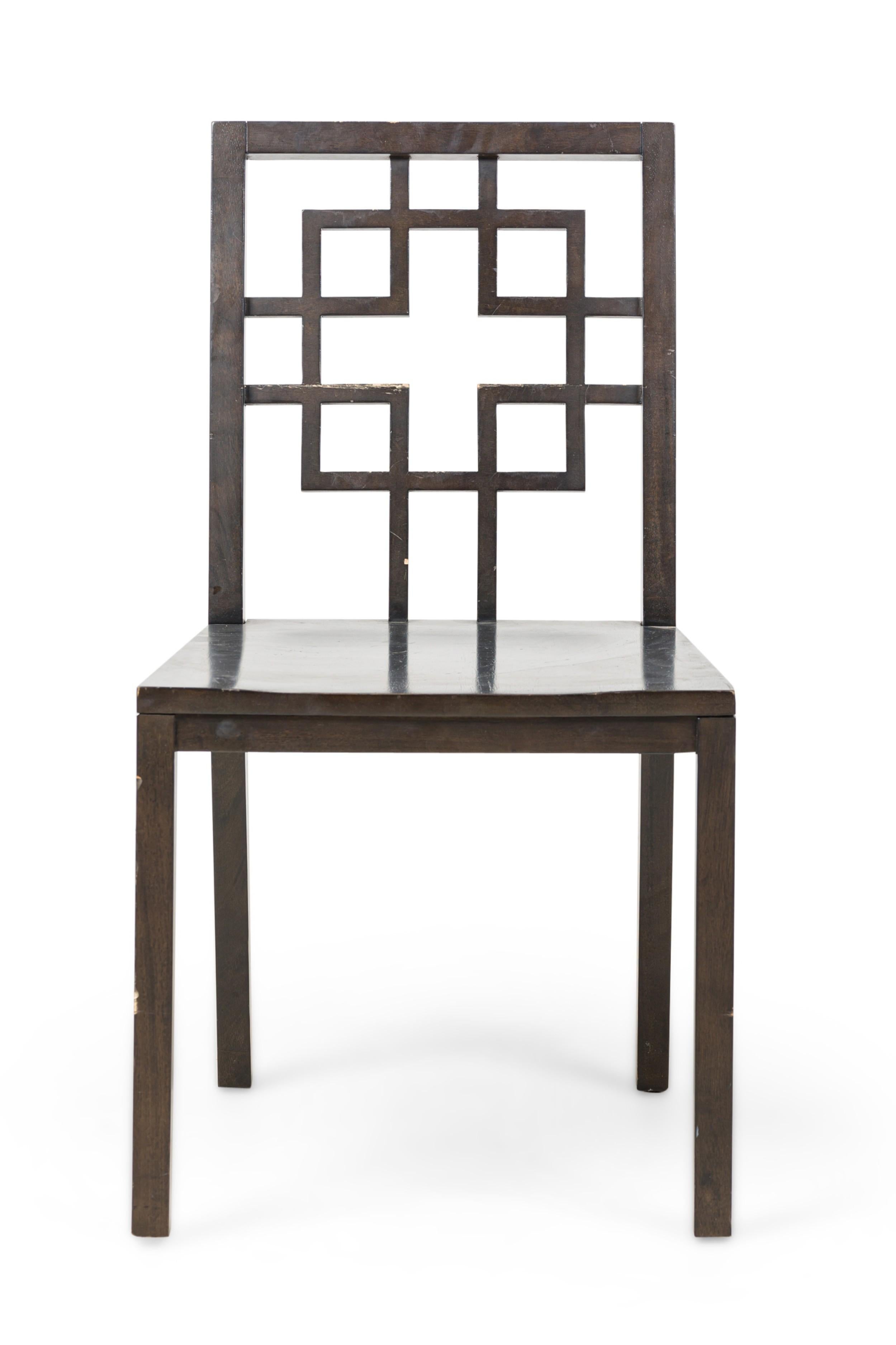 American Contemporary dark grey painted side chair with an open pattern back having a overlapping square and geometric design