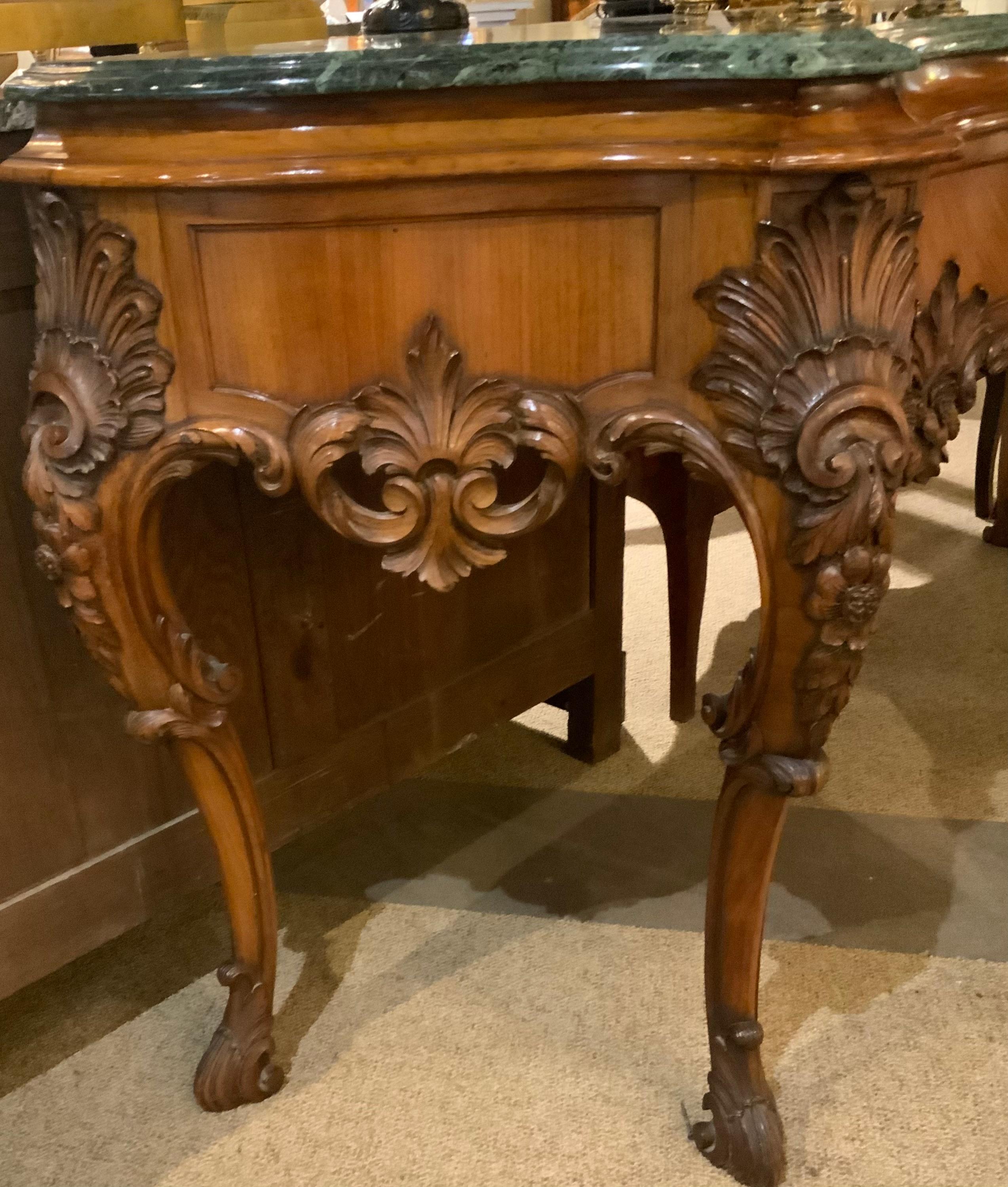 Carved American console with green marble top, rosewood in transitional style For Sale