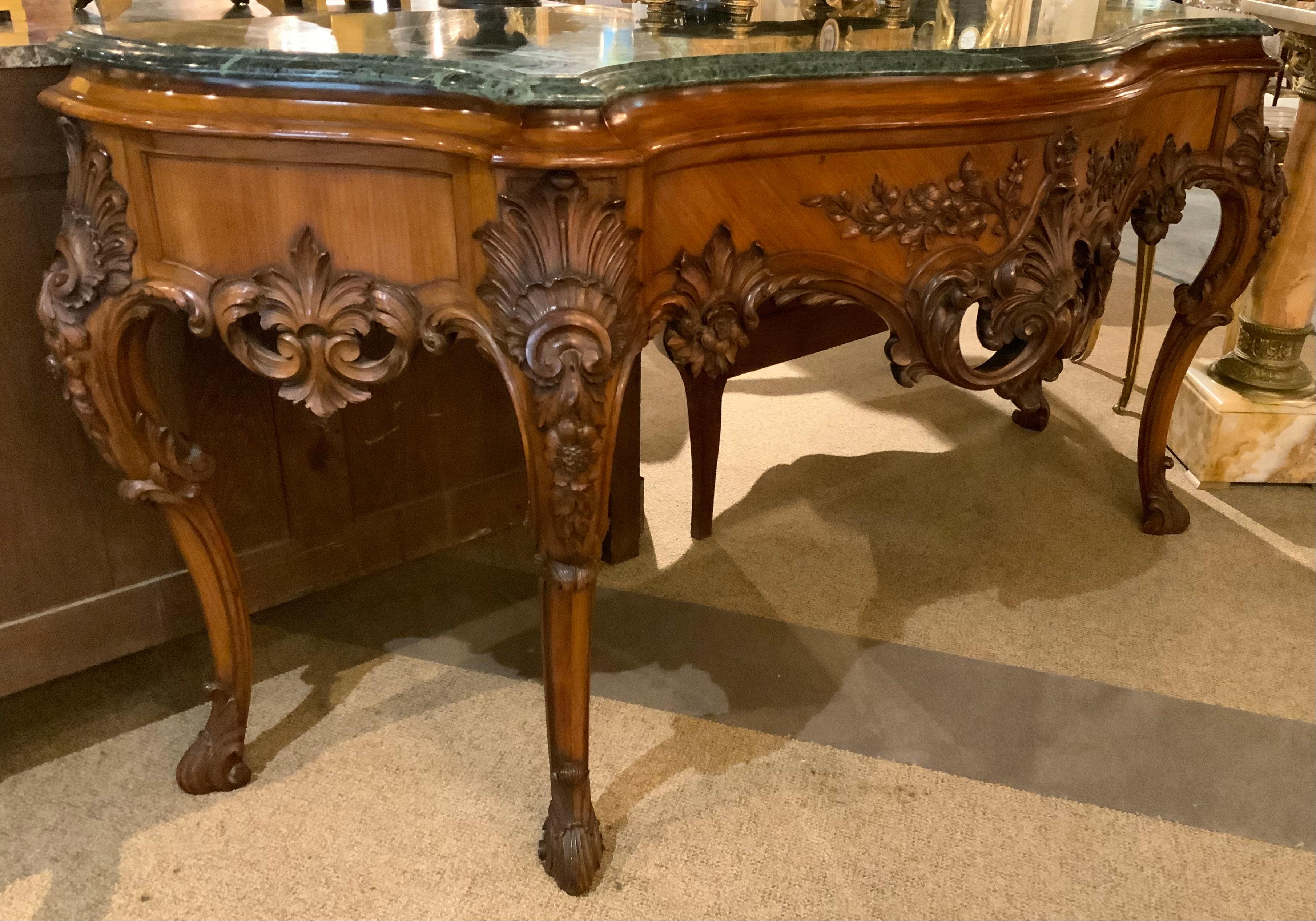 20th Century American console with green marble top, rosewood in transitional style For Sale