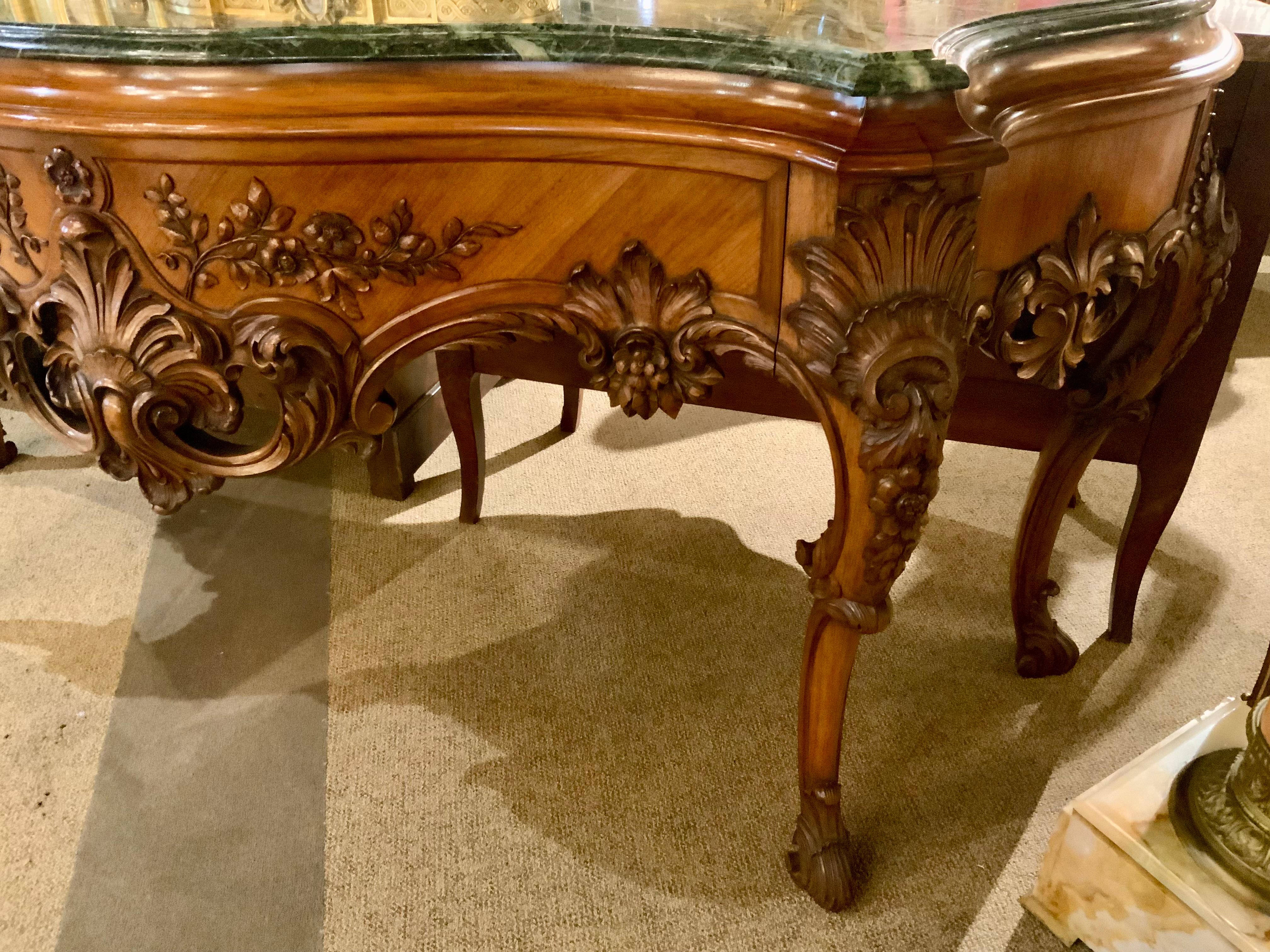 Marble American console with green marble top, rosewood in transitional style For Sale