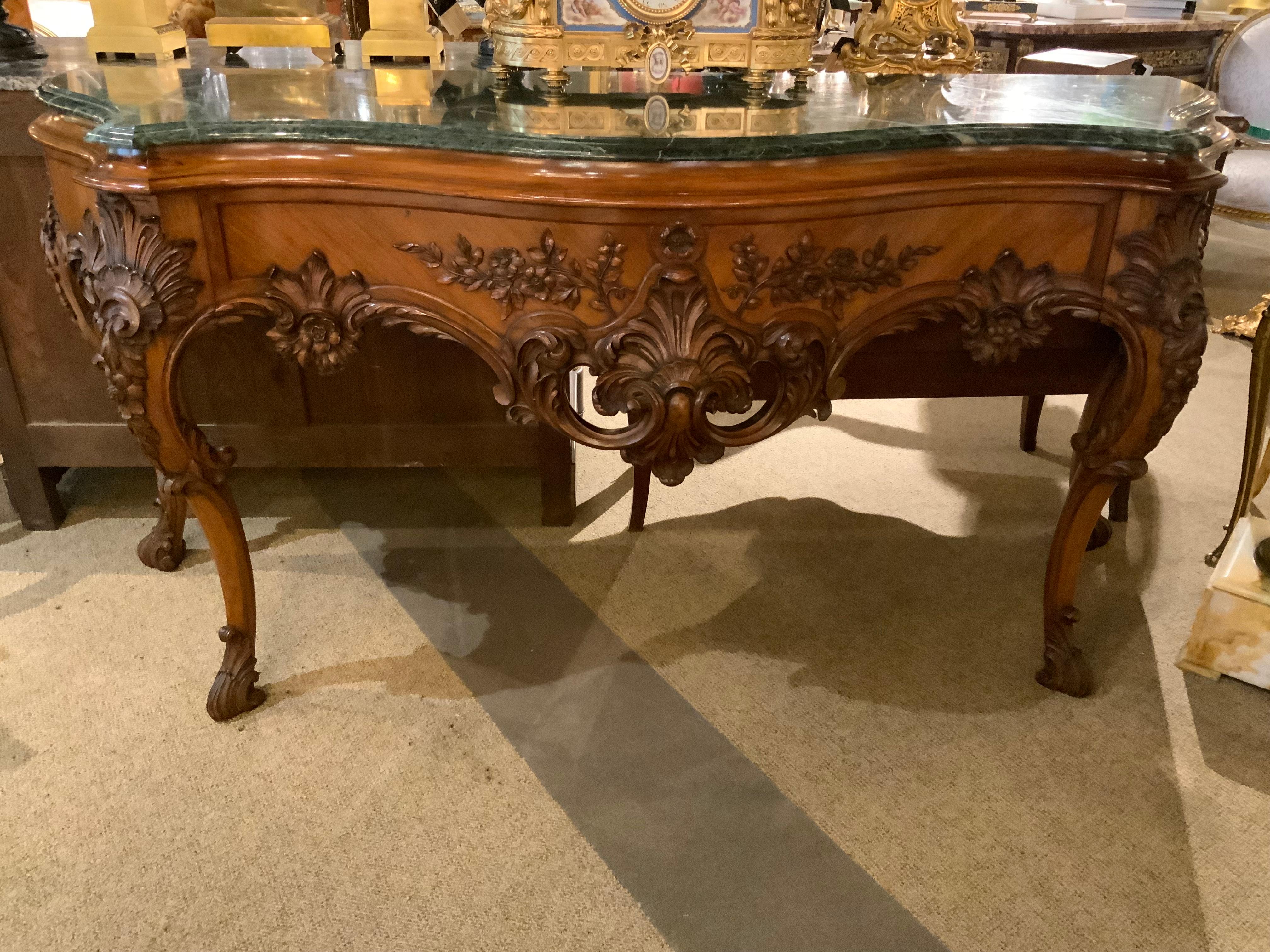 American console with green marble top, rosewood in transitional style For Sale 2