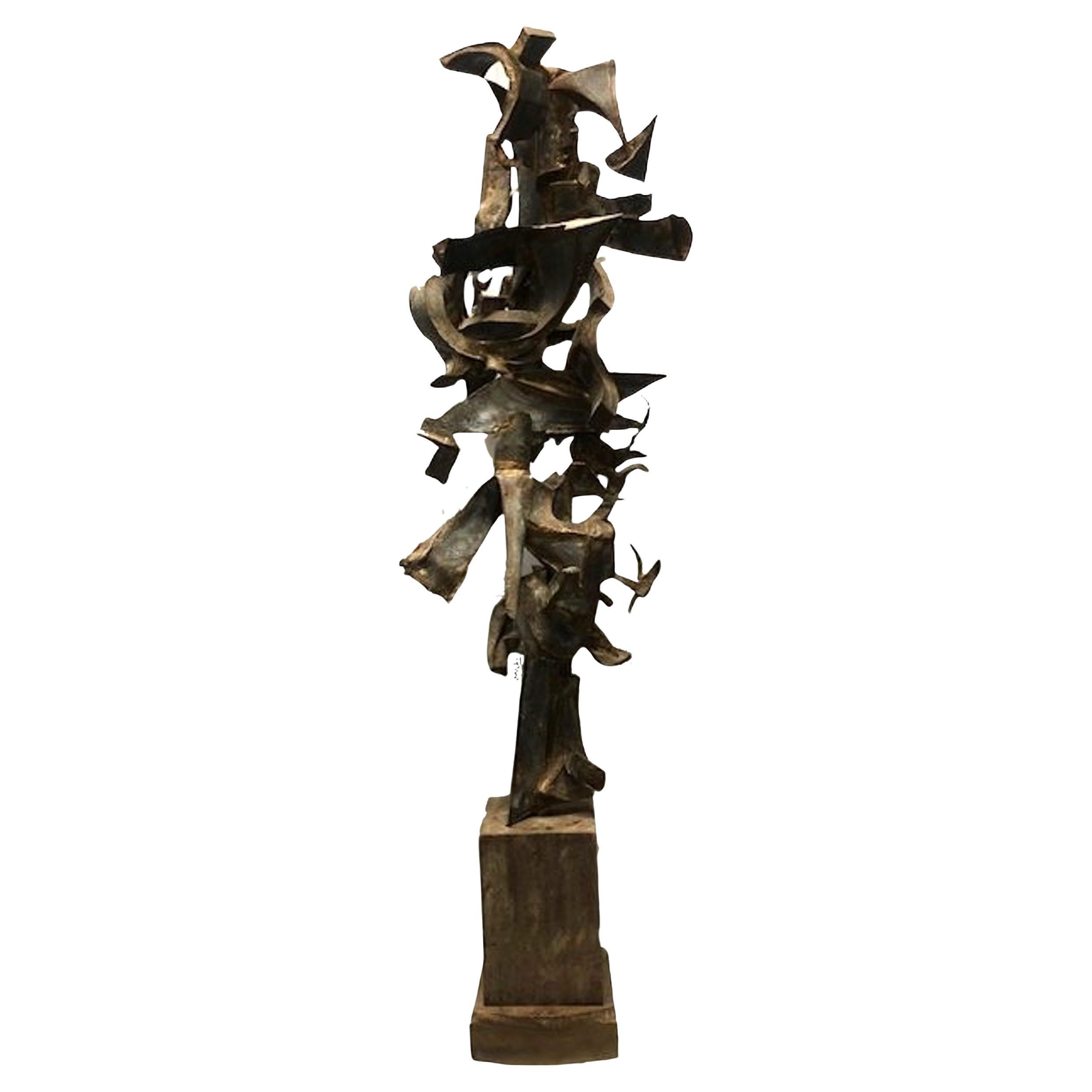 American Contemporary Abstract Brutalism Sculpture in Iron, Wood & Tin, c. 1970s