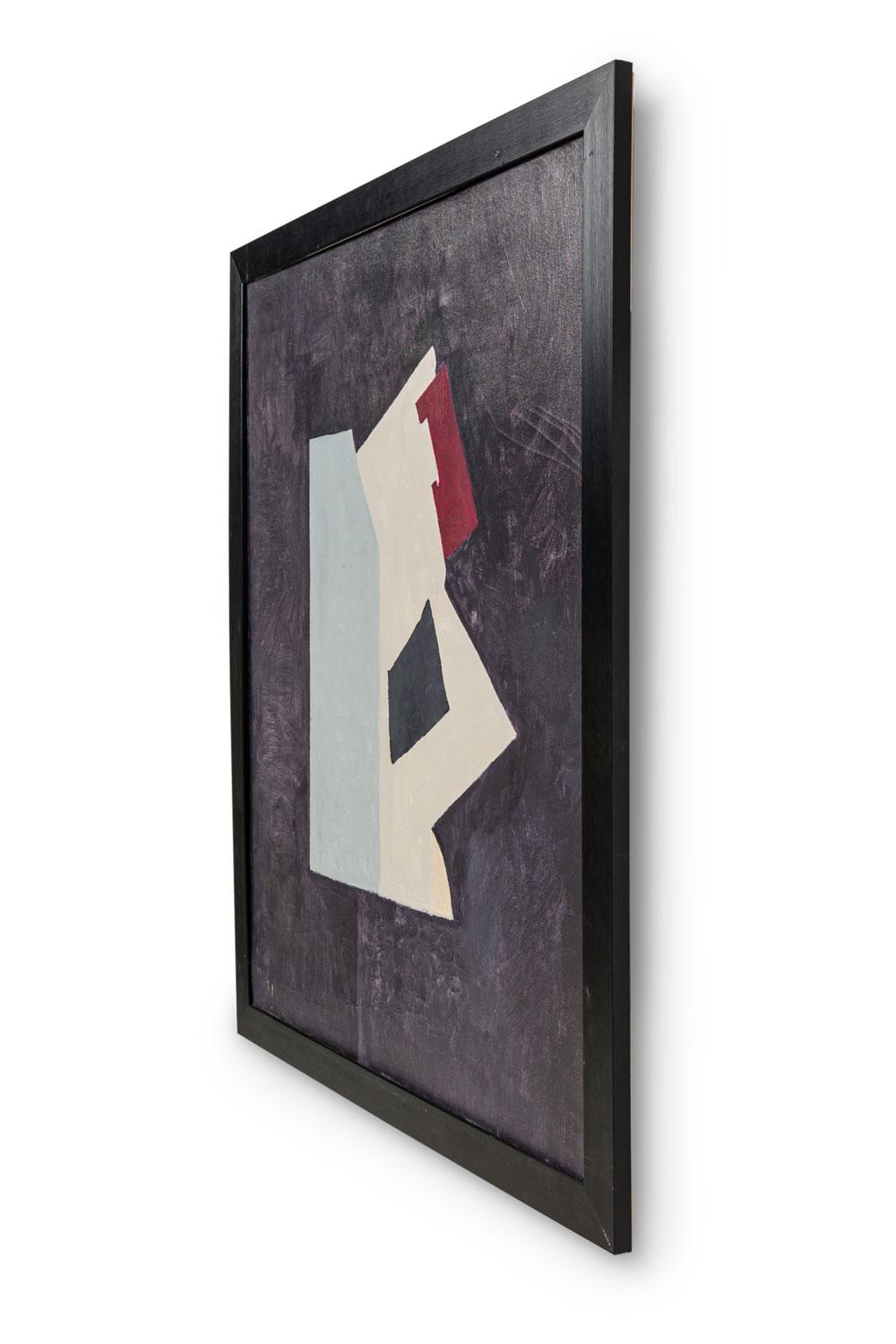 Amerikanische zeitgenössische abstrakte Malerei, bestehend aus einem schwarzen Hintergrund mit einer roten, weißen, gelben und blauen Komposition im Stil einer Collage