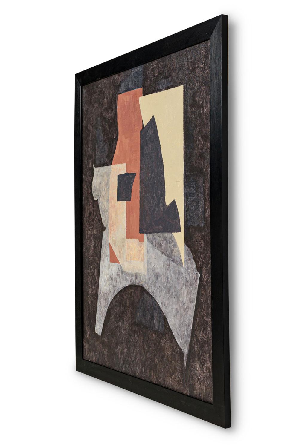 Amerikanisches zeitgenössisches abstraktes Collage-Gemälde mit schwarzem Hintergrund und gelber, grauer, weißer und brauner Collage