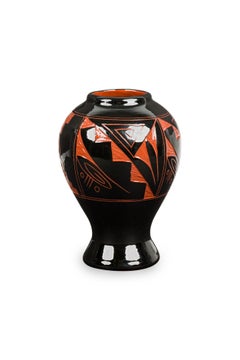 American Contemporary Black Urn with Orange Painting