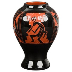 American Contemporary Black Urn with Orange Painting