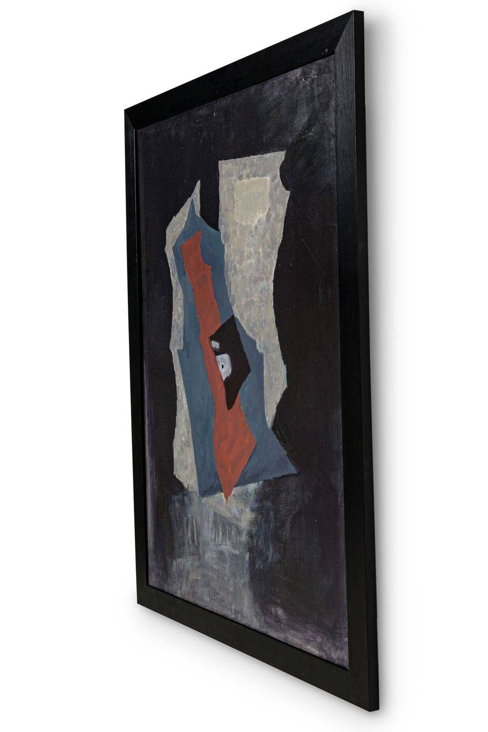 Peinture d'expressionnisme abstrait contemporain américain sur fond noir avec collage en gris, jaune, terre d'ombre et noir.