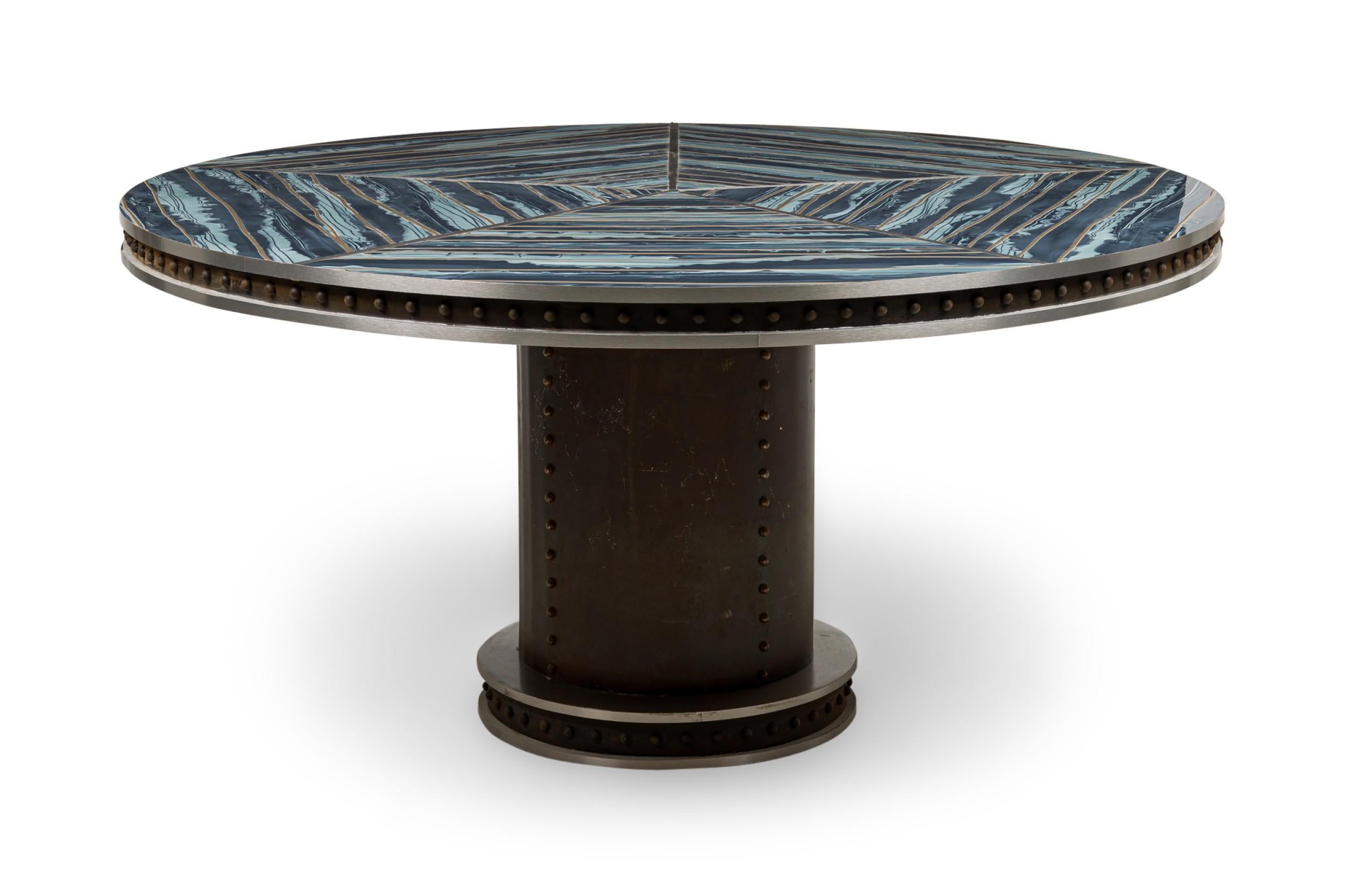 Moderne American Contemporary Brutalist Round Dining Table with Blue Faux Marble Top en vente