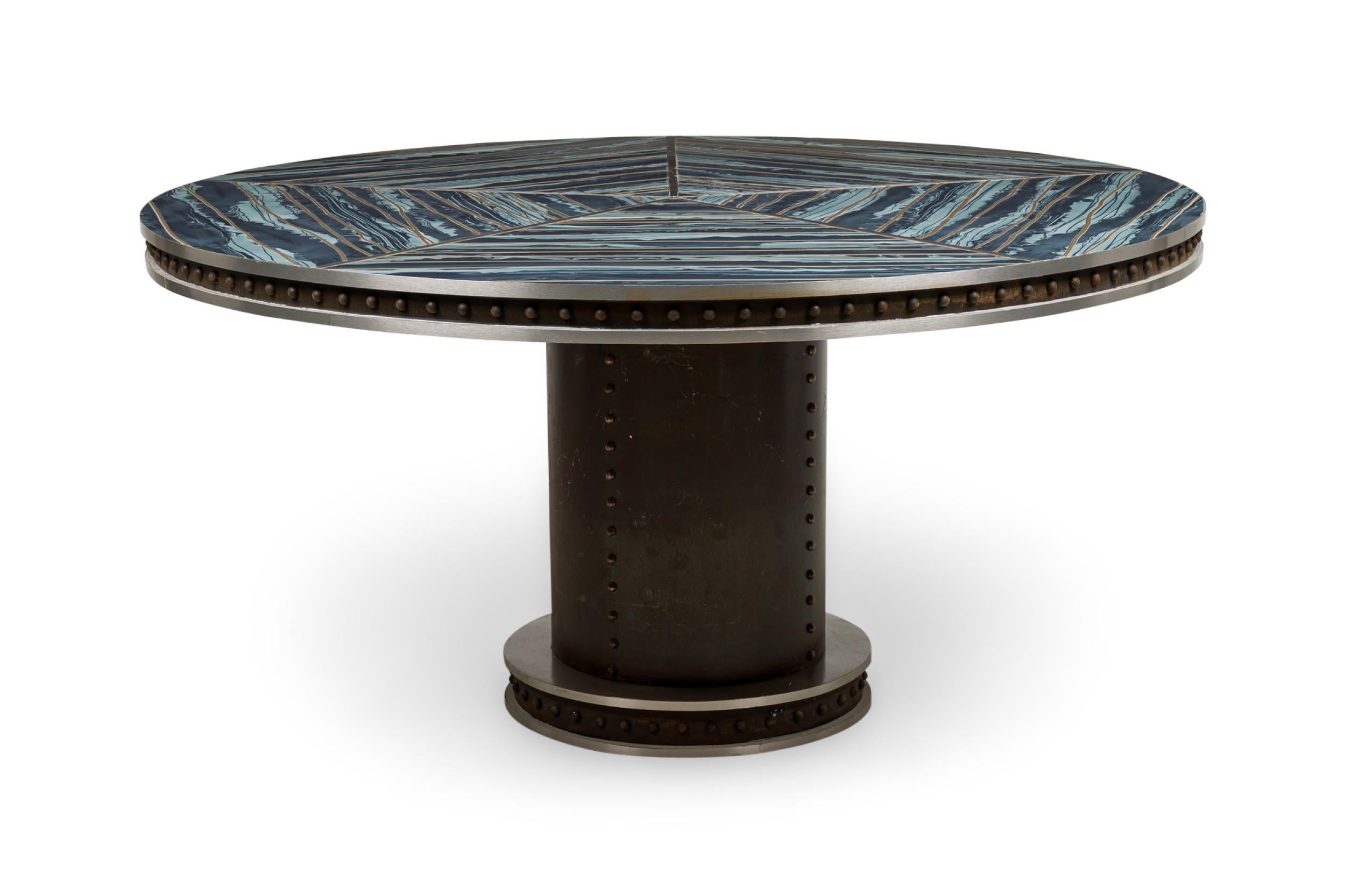 Américain American Contemporary Brutalist Round Dining Table with Blue Faux Marble Top en vente