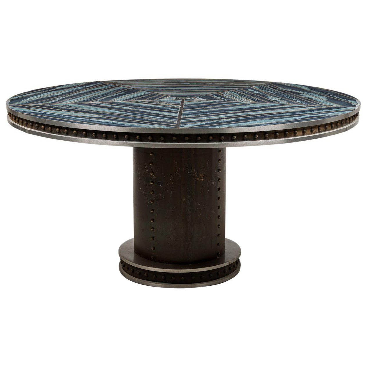 American Contemporary Brutalist Round Dining Table with Blue Faux Marble Top
