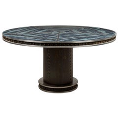 American Contemporary Brutalist Round Dining Table with Blue Faux Marble Top
