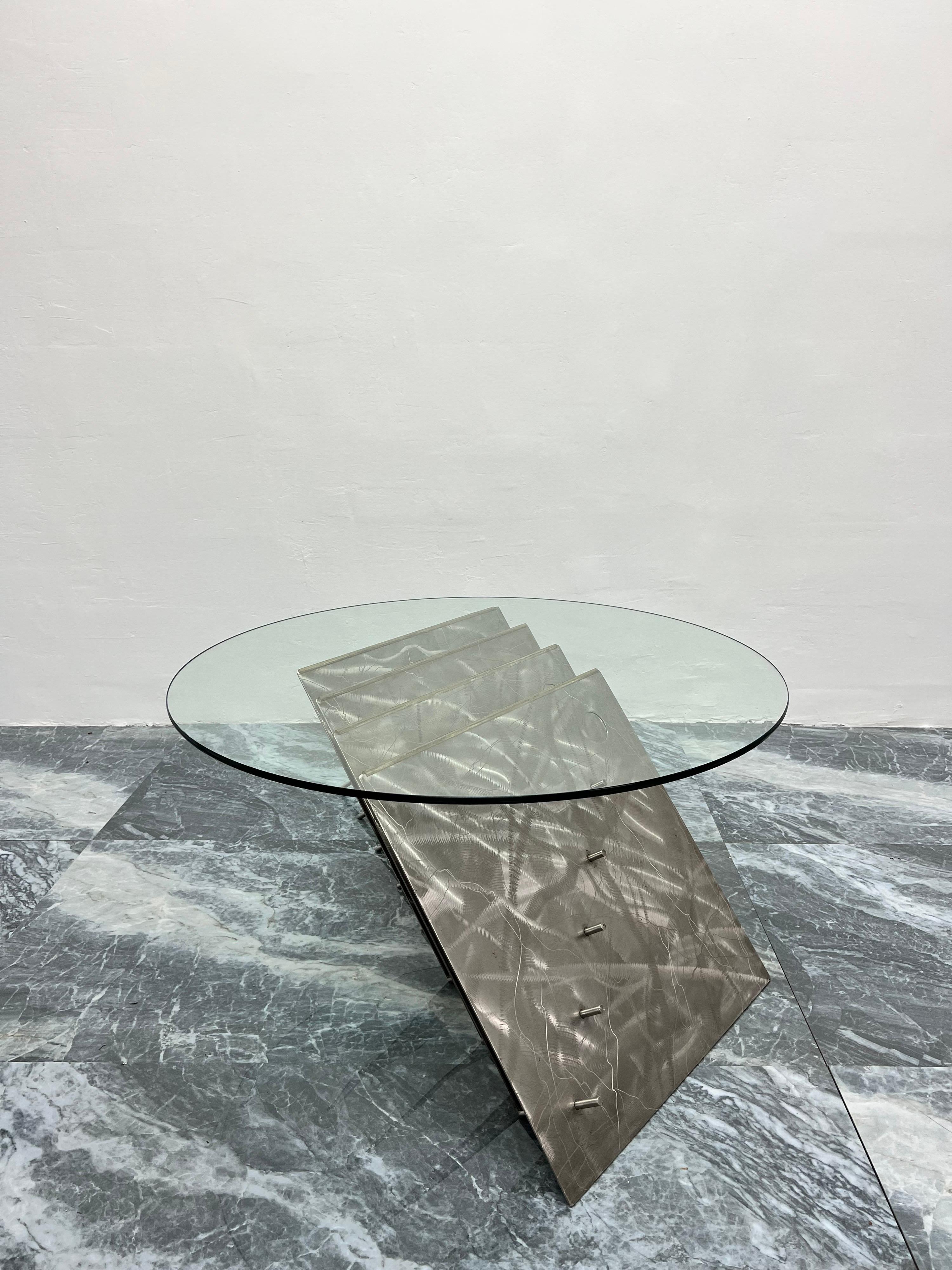 Modern American Contemporary Custom Made Steel and Glass Art Coffee Table, USA 1990s For Sale