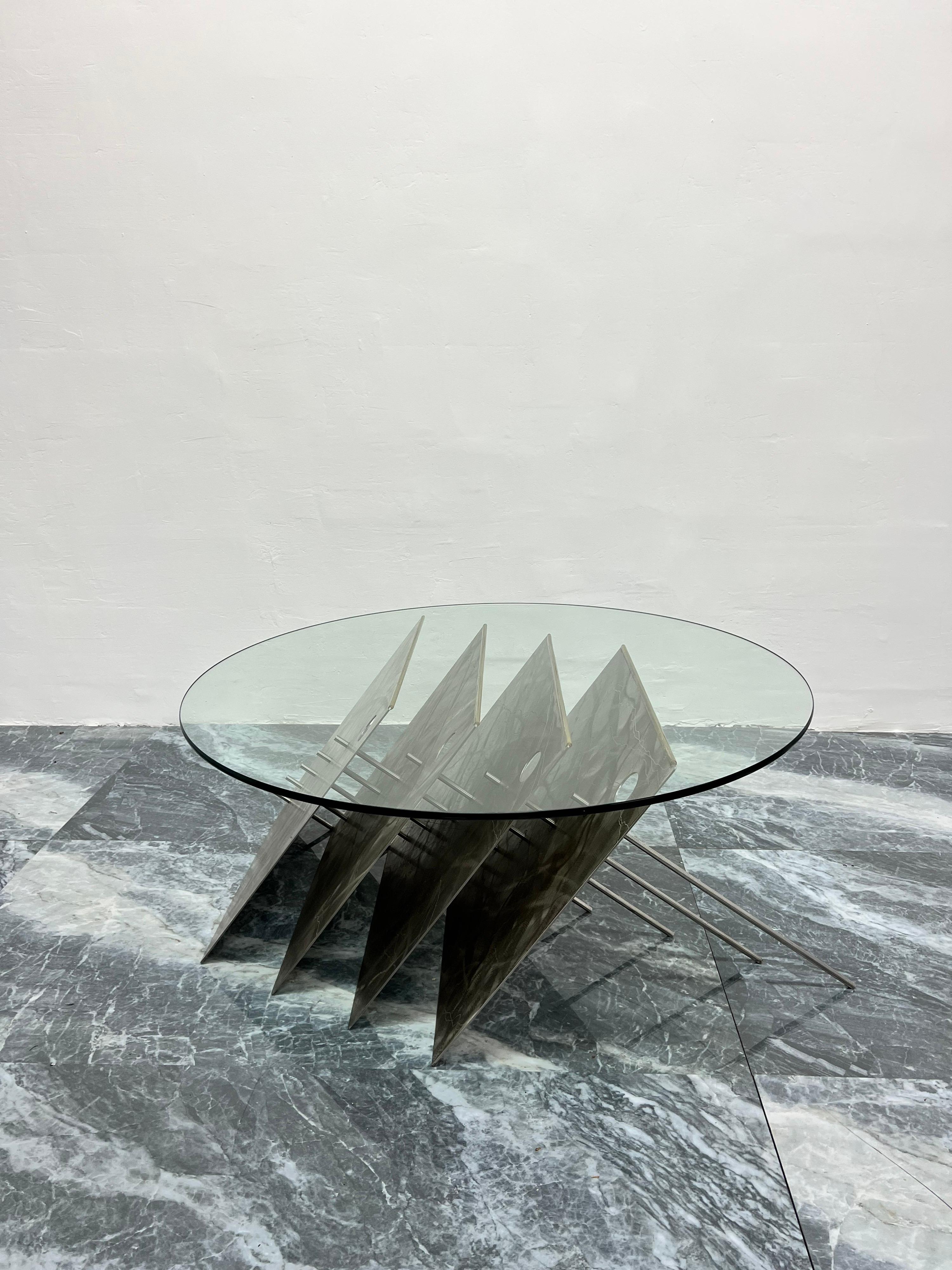 20th Century American Contemporary Custom Made Steel and Glass Art Coffee Table, USA 1990s For Sale