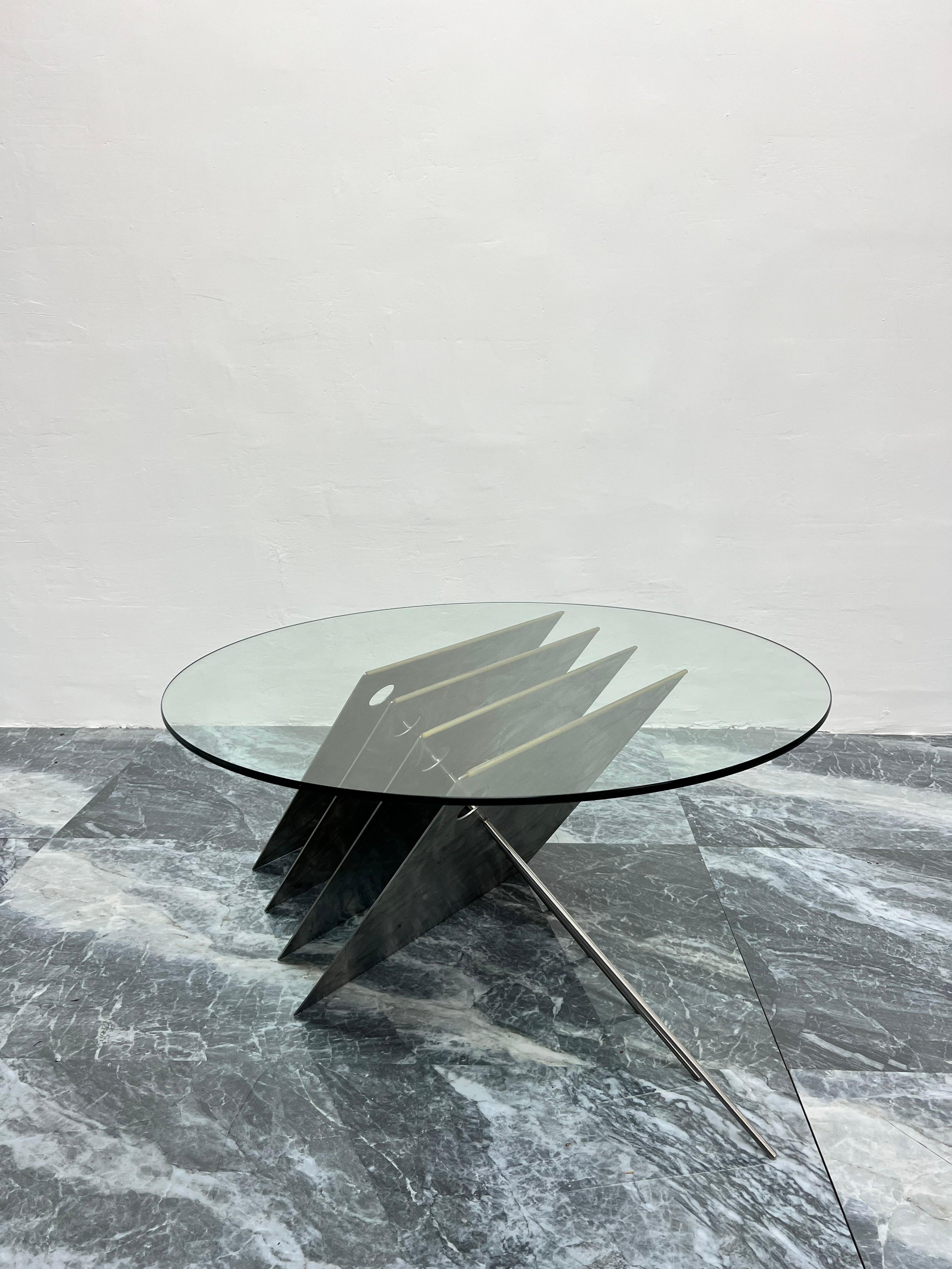 American Contemporary Custom Made Steel and Glass Art Coffee Table, USA 1990s For Sale 1