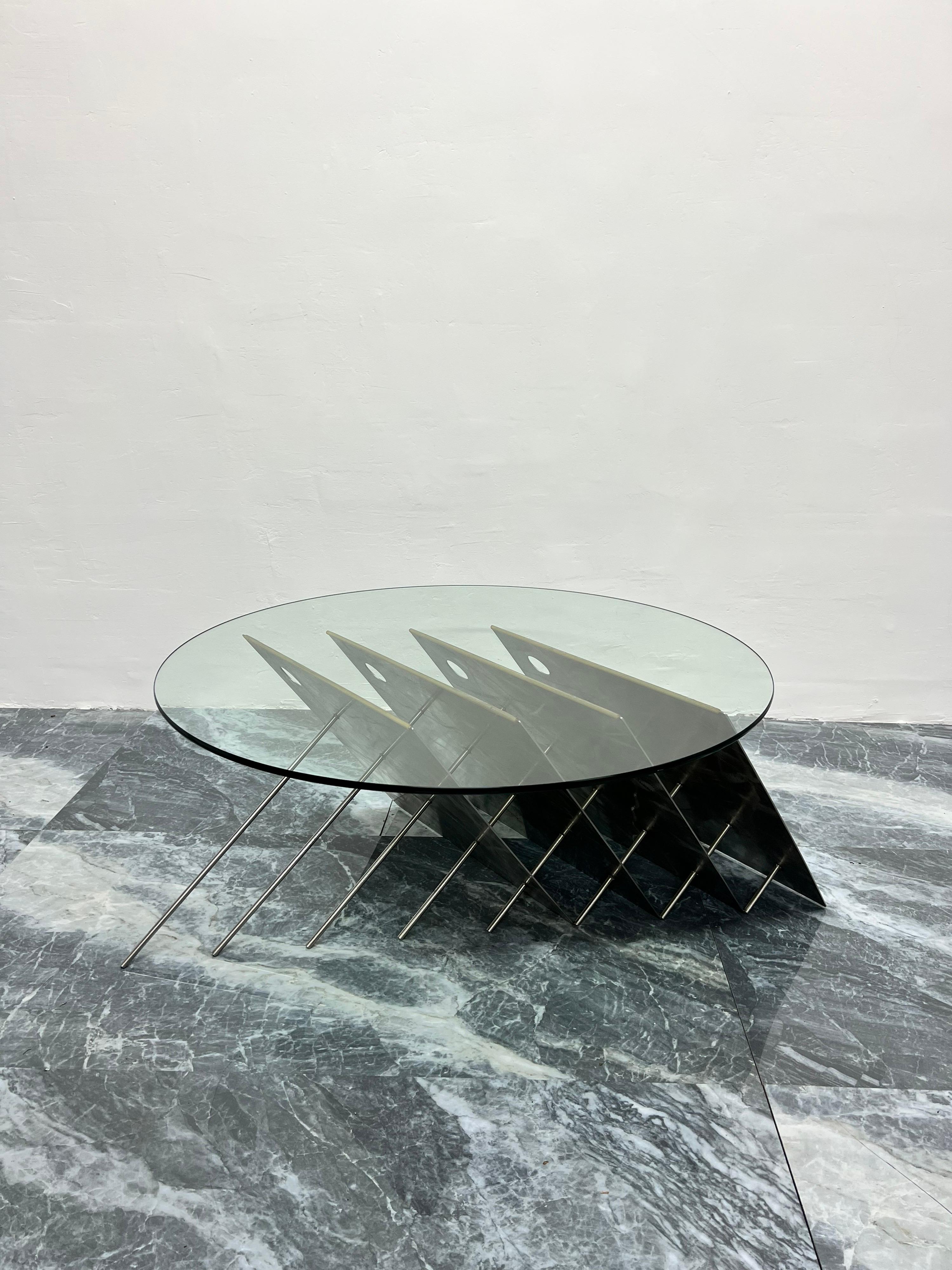 American Contemporary Custom Made Steel and Glass Art Coffee Table, USA 1990s For Sale 3