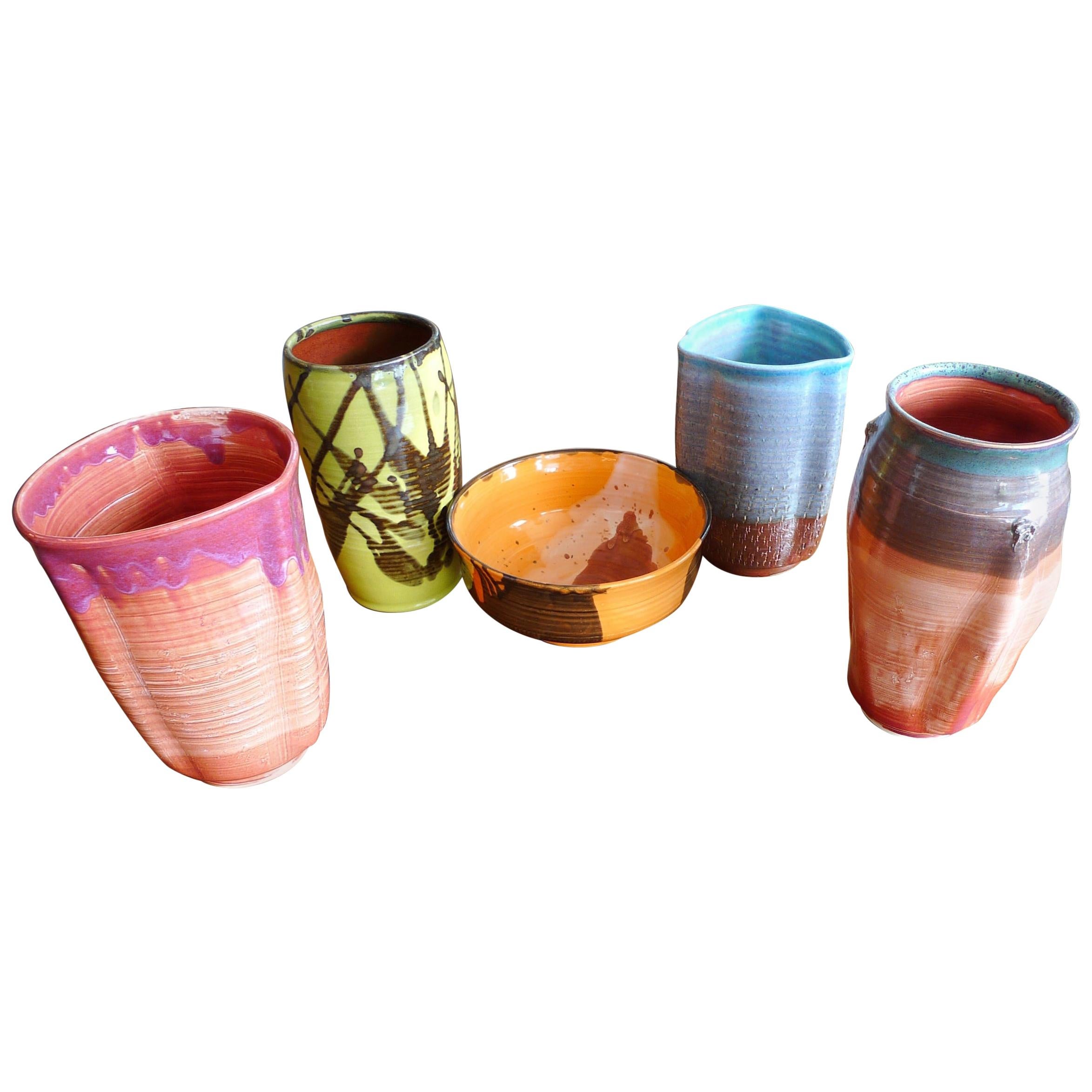 American Contemporary Glazed Ceramic 4 Pots and 1 Bowl