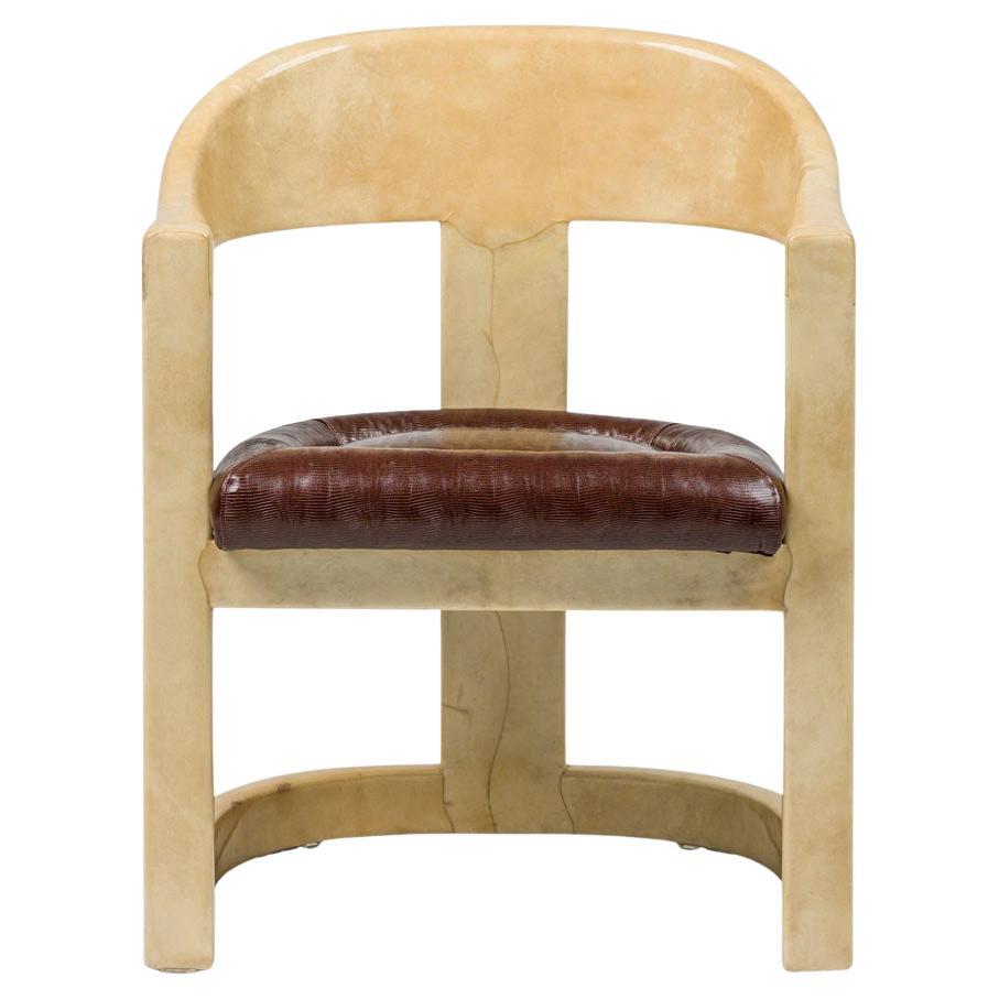 American Contemporary Karl Springer Style Goatskin Parchment and ShaArmchair en venta