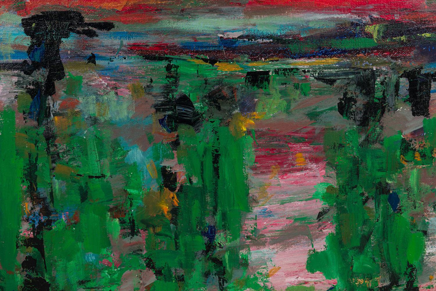 American Contemporary Red and Green Abstract Acrylic on Canvas (Vergoldet) im Angebot